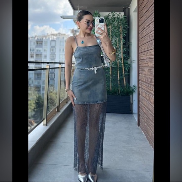 ZARA LACE TRIM DENIM DRESS - Picture 1 of 16